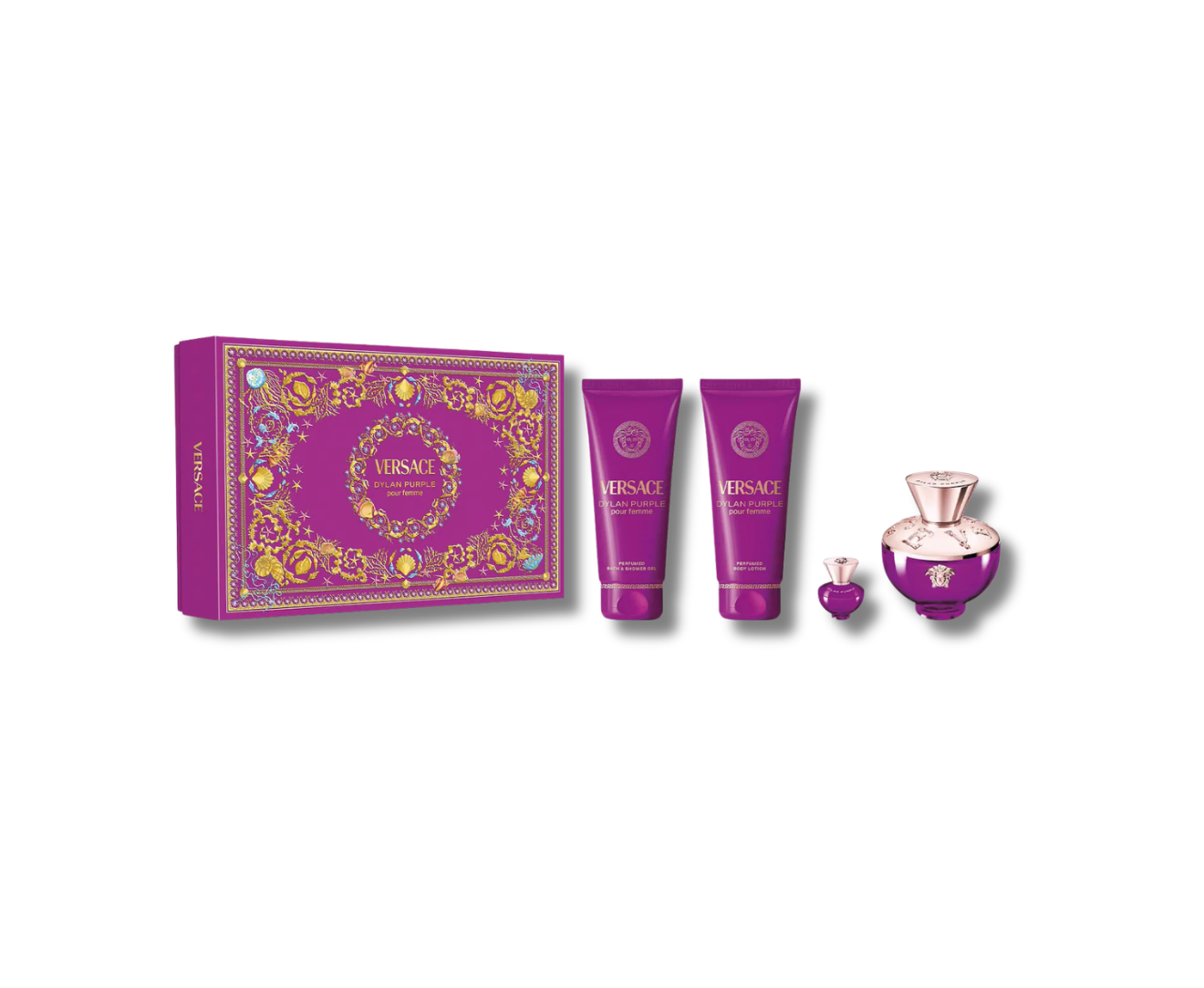 VERSACE DYLAN SET MORADO 90ML+SG+BL+BOLSA